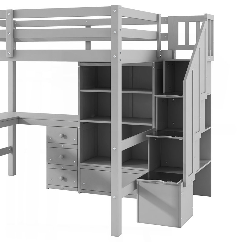 Lit mezzanine double avec bureau en L et tiroirs, armoire et escalier de rangement, gris