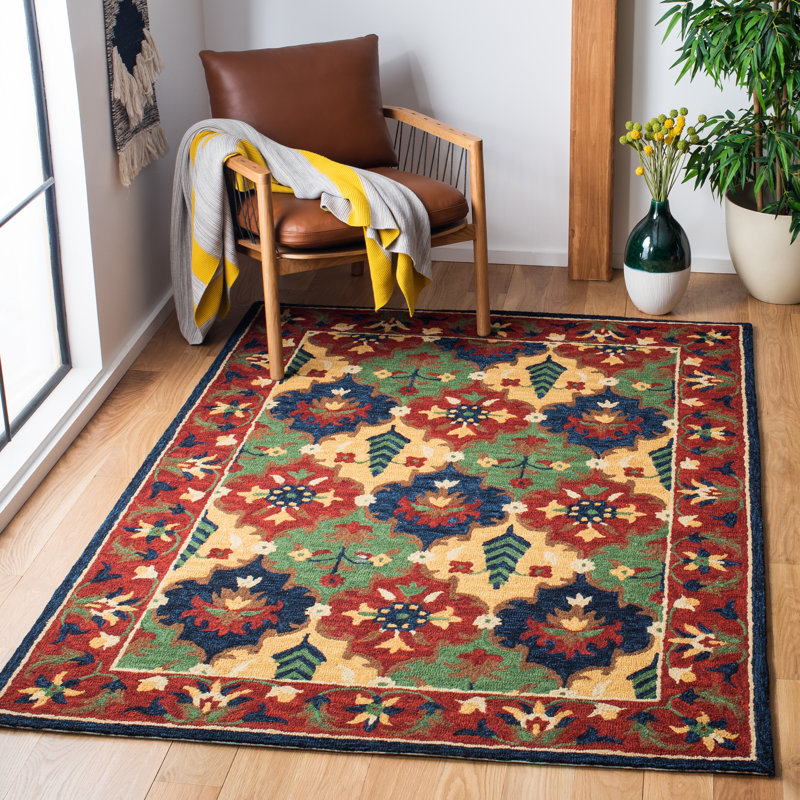 Tapis rouge / vert en laine touffeté à la main Grete, Rectangle 8 pi x 10 pi