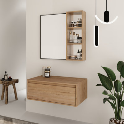 Ensemble de meuble-lavabo mural avec miroir et cadre noir avec étagère 30 po Yorenth - Table de maquillage flottante 30 po sans lavabo