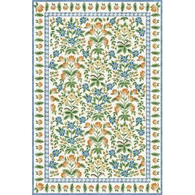 Cream Floral Themed Pastel Colored Woven Base Machine Washable Rug
