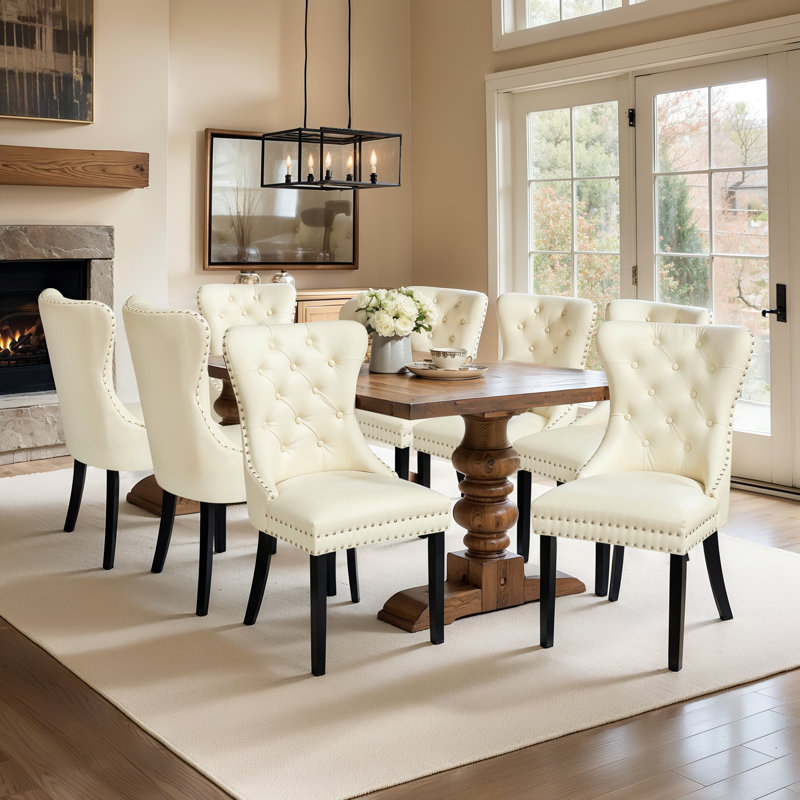 Tufted Leather Upholstered Wing Back Parsons Chair (Set Of 8), 8, Black/Black