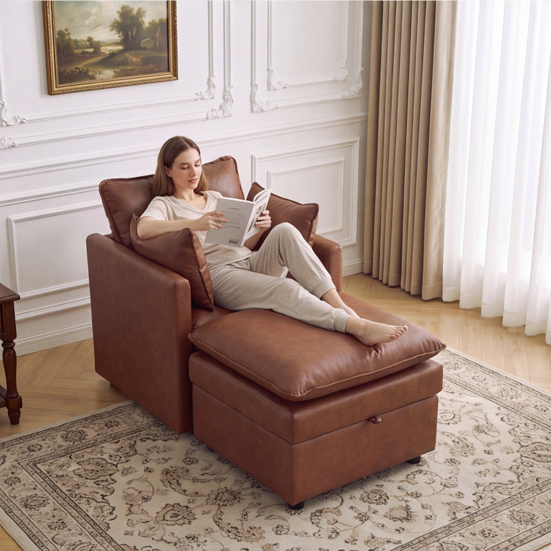 Ensemble de fauteuil et repose-pieds rembourrés avec rangement dissimulé, Pu-brown