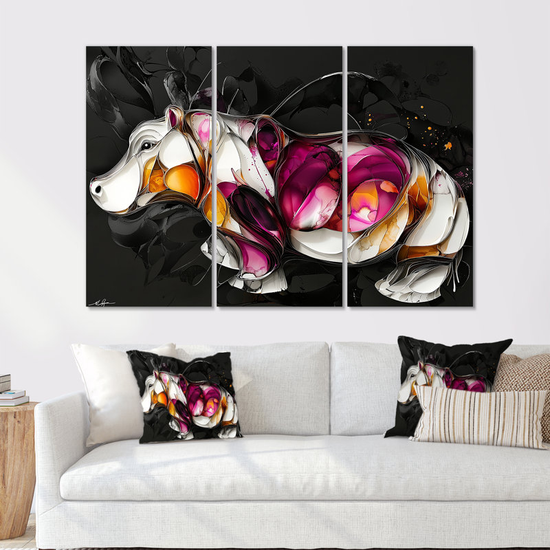Ensemble de salon art mural hippopotame rose accentué d'orange - hippopotame rose, Métal métal, H 32 po x l 48 po x P 1 po