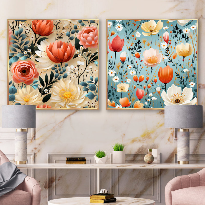 Dysart - Ensemble de 2 collages carrés floraux, H 16 po x l 33 po, Cadre flottant doré