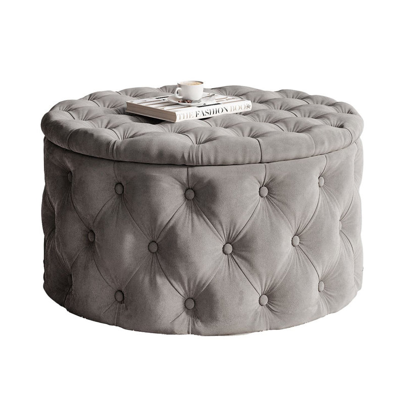 CHESTERFIELD Round Upholstered Pouf Hocker 70 cm, Light Grey Polyester