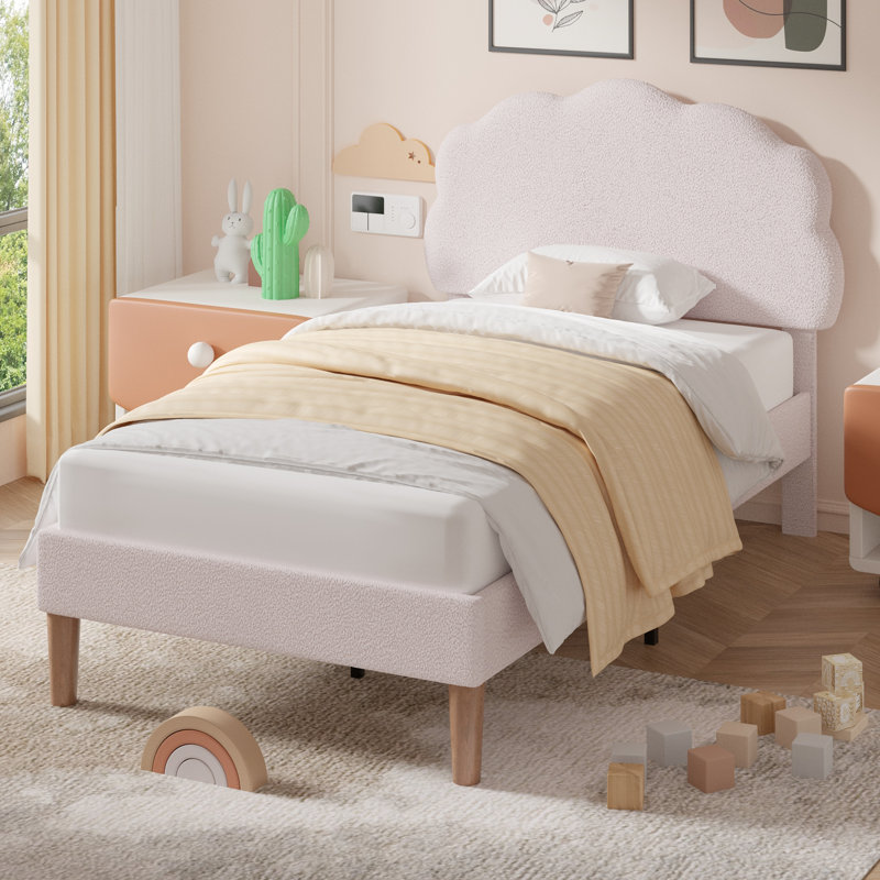 Twin Size Bed Frames With Cimahi Adjustable Teddy Fleece Headboard, Upholstered Platform Bed W/Slats Support, Beige