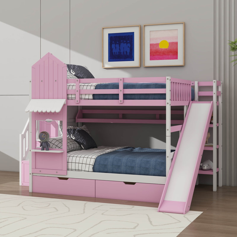 Lit superposé d'inspiration château, lit en bois avec 2 tiroirs et 3 tablettes, avec glissade et marches de rangement, Rose