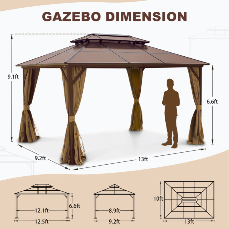 13 pi. L 9 pi. D Pavillon de jardin en alliage d'aluminium, Brun