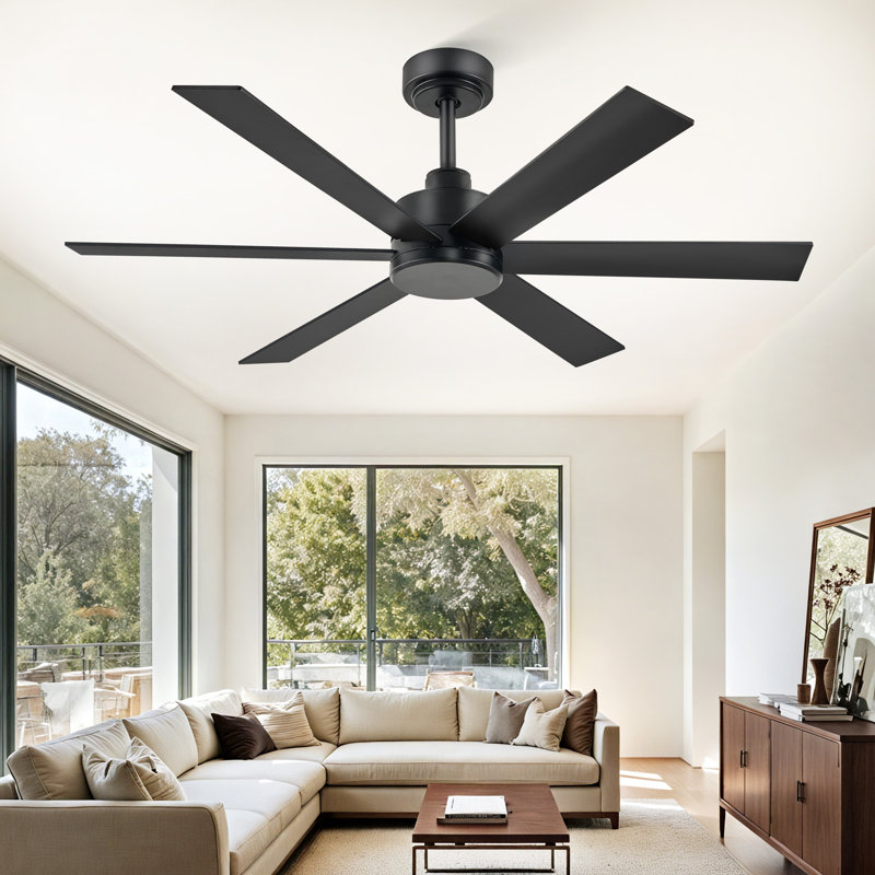 Cissline 48" Black 6-Blade Ceiling Fan No Light with Aluminum Blades, Remote Control for Medium Room