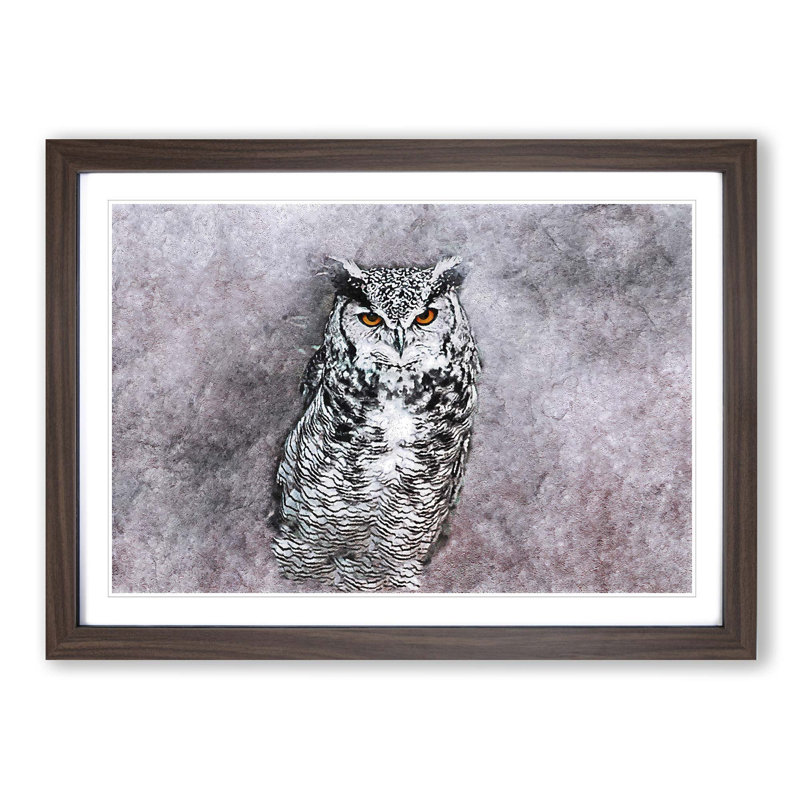 Horned Owl in Pink & Lilac in Abstract - Picture Frame Painting Print on MDF, 48cm H x 65cm W x 2cm D, Walnut Framed