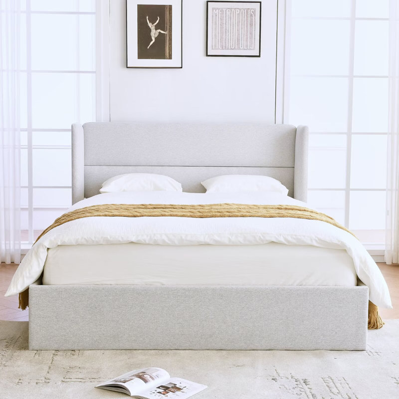 Lit plateforme tapissier avec rangement Gaillarde, Grand, Blanc grisâtre