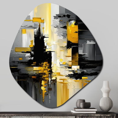 Abstrait géométrique noir et jaune V - décoration murale géométrique asymétrique en métal, impression d'art en forme irrégulière noire