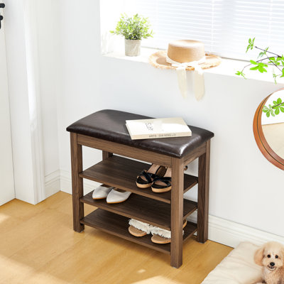 Banc brun avec réglage de la hauteur, bois d'hévéa naturel, éponge haute, trois couches de cuir de ventilation, siège en éponge