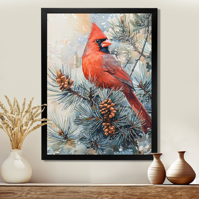 Oiseau, cardinal parmi les pins III, reproduction d'art sur toile, H 32 po x l 24 po, Reproduction encadrée d'une seule photo