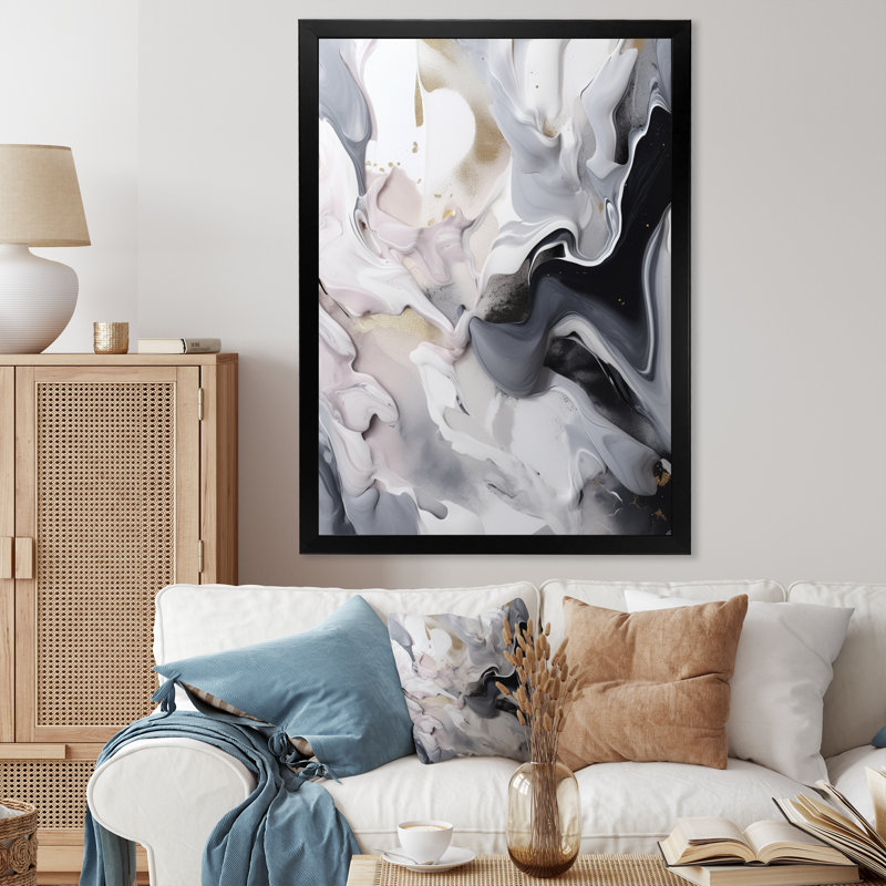 Marbre blanc et gris captivant II - art mural abstrait en marbre, Cadre photo noir, H 20 po x l 12 po x P 1 po