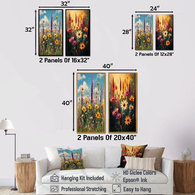 Fleurs sauvages dans des tons pastels impressionnistes I - Collection d'art mural floral 2 panneaux, Toile tendue