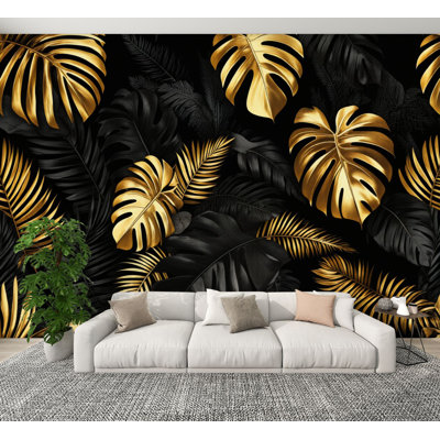 Peel and Stick Wallpaper seamless gold black tropical leaves dark Exotic botanical Wall Murals 100"H x 144"W Removable PVC Wall Paper Self-Adhesive Wall Decor for Bedroom Living Room Home Office