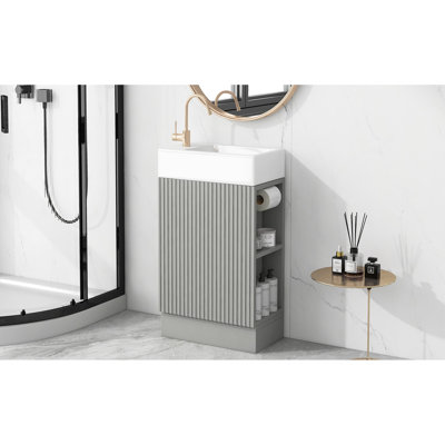 Grey 18.6" Bathroom Vanity Cabinet With Board And Ceramic Sink, Shelf System Combinable
