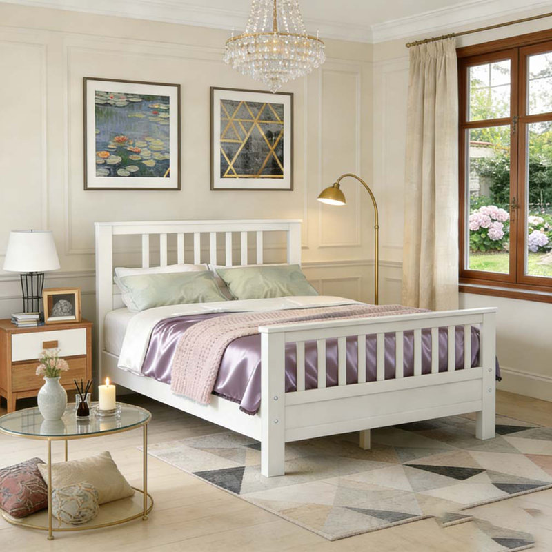 Lit plateforme en bois avec tête et pied de lit, Lit double