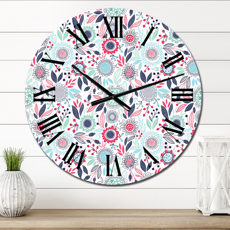 Retro Pink and Blue Flowers - Patterned Wall Clock, Oversized