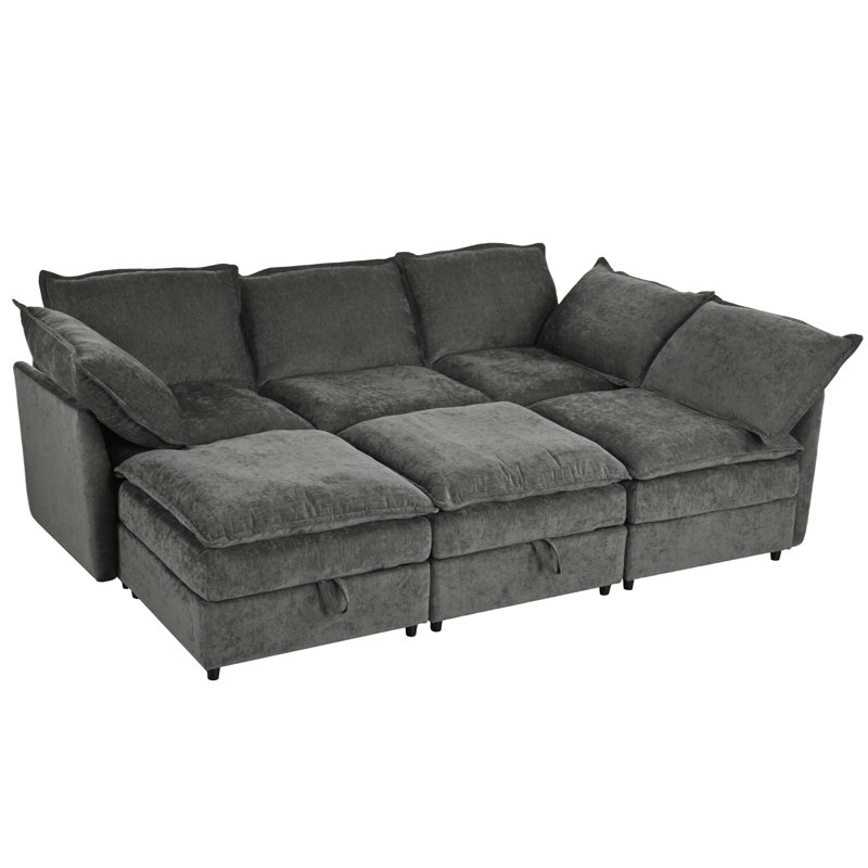 Canapé-lit modulaire polyvalent de 126 po avec rangement Mirod, Polyester gris