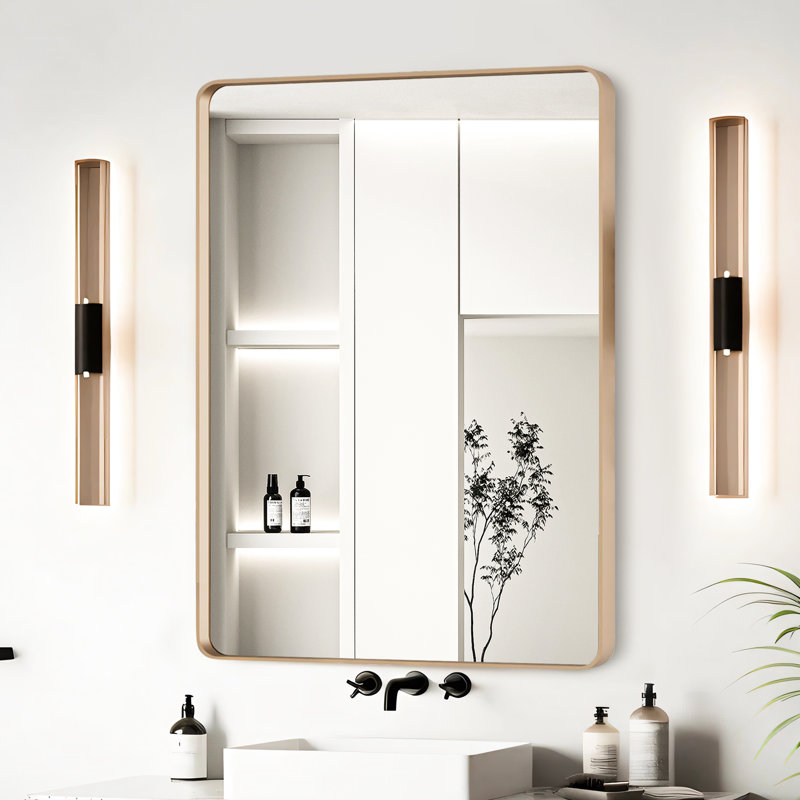 Miroir de salle de bain de 24 po x 32 po en aluminium doré - Conception simple, lignes transparentes en verre flotté HD, cadre rouillé, membrane résistante, barre de suspension en Z sécurisée, réflexion moderne encadrée, installation facile