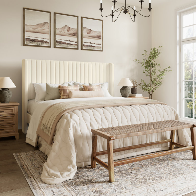 Candler Velvet Upholstered Platform Bed with Wingback Headboard and Wooden Slats, Queen, Cream