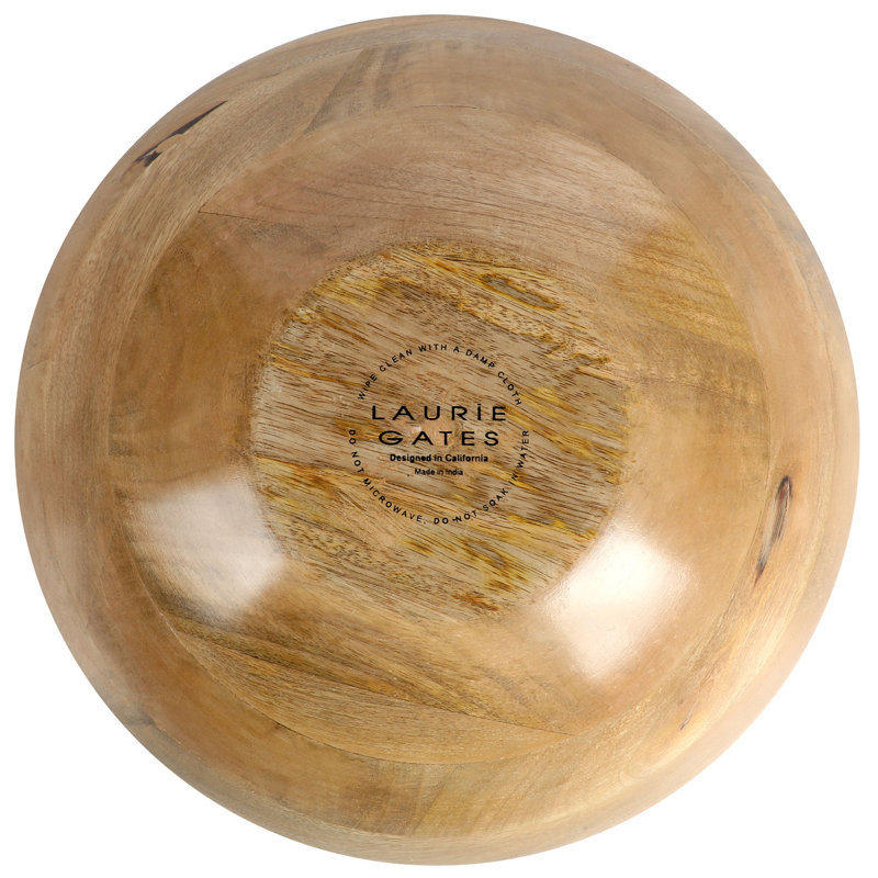 Laurie Gates 12 Inch Enameled Mango Wood Serving Bowl and Serving Utensils in White and Brown