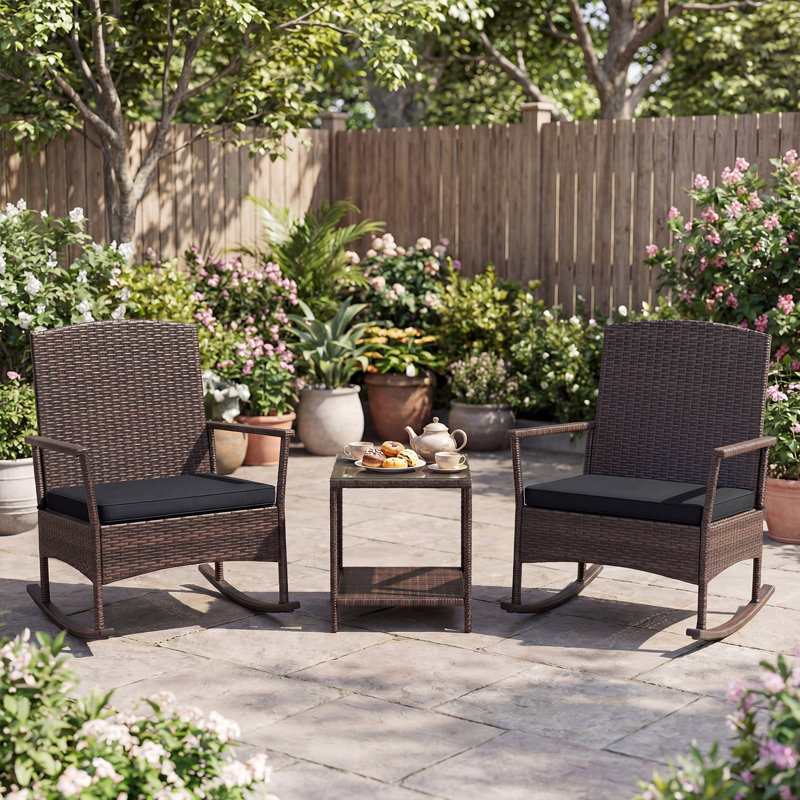 Ensemble de chaises berçantes en osier avec table basse à 2 niveaux 3 pièces