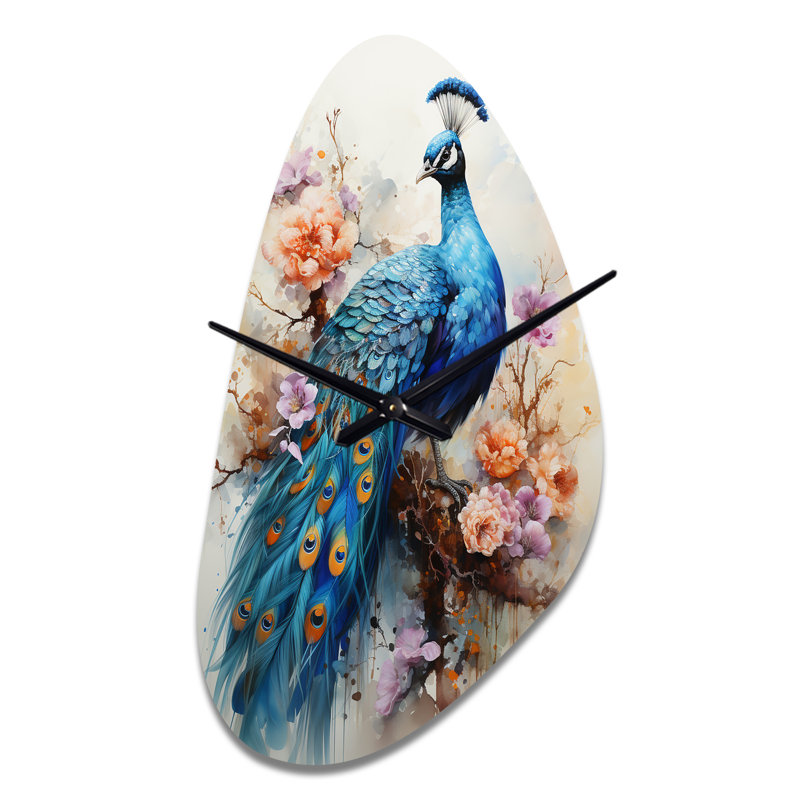 Blue Indian Coral Dancing Peacock II - Horloge en métal de forme indienne, Grand
