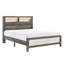 Grand lit avec tête de lit à profil bas et éclairage intégré, gris beige, tête de lit de rangement contemporaine, profil bas, bois beige, tablettes
