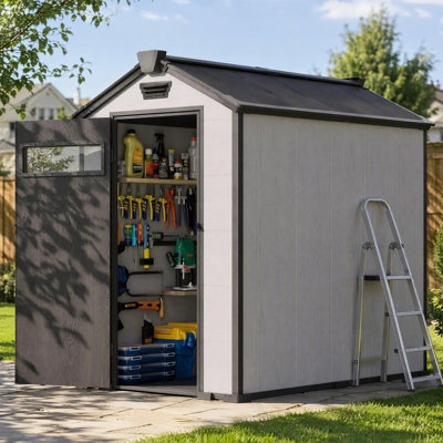 Remise de rangement extérieure en résine avec plancher, fenêtre, porte verrouillable et ventilation Easyyhawk 4 pi x 6 pi, gris