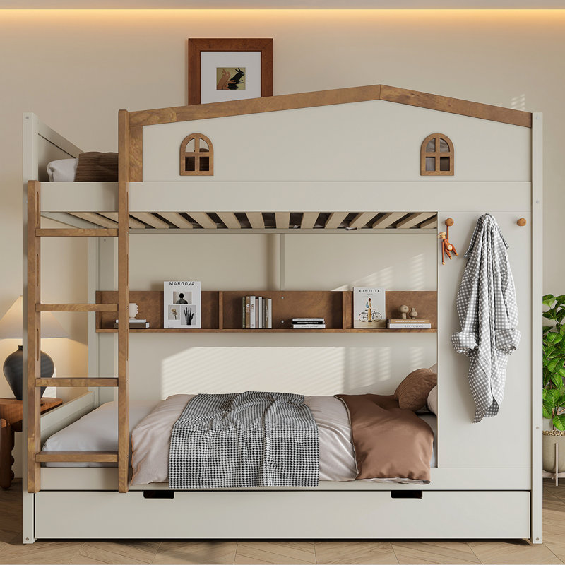 Grand lit sur un grand lit avec lit gigogne et tablettes de rangement, Queen, Beige / Naturel