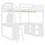 Lit mezzanine double en bois avec bureau en U, compartiments de rangement et miroir à trois volets, blanc
