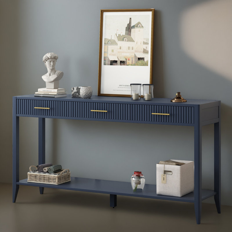 Dishaun 60" Wood Console Table Long Sofa Table with 3 Drawers, Navy Blue