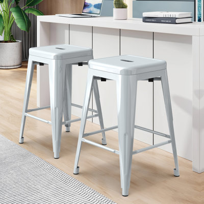 Metal Bar Stools Set of 2, Counter Height Bar Stools 24 Inches Industrial Bar Chairs Patio Stool Indoor-Outdoor Counter Height Stools with Square Seat