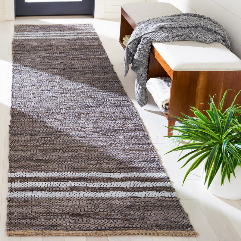Riehle Hand Woven Leather/Cotton/Jute Rug in White/Gray, Runner 2'3" x 9'