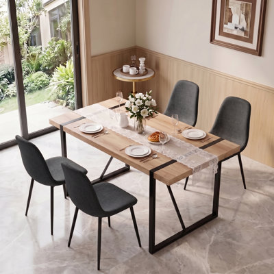 5-Piece Modern Industrial Rectangular Wood Dining Set with Upholstered Chairs