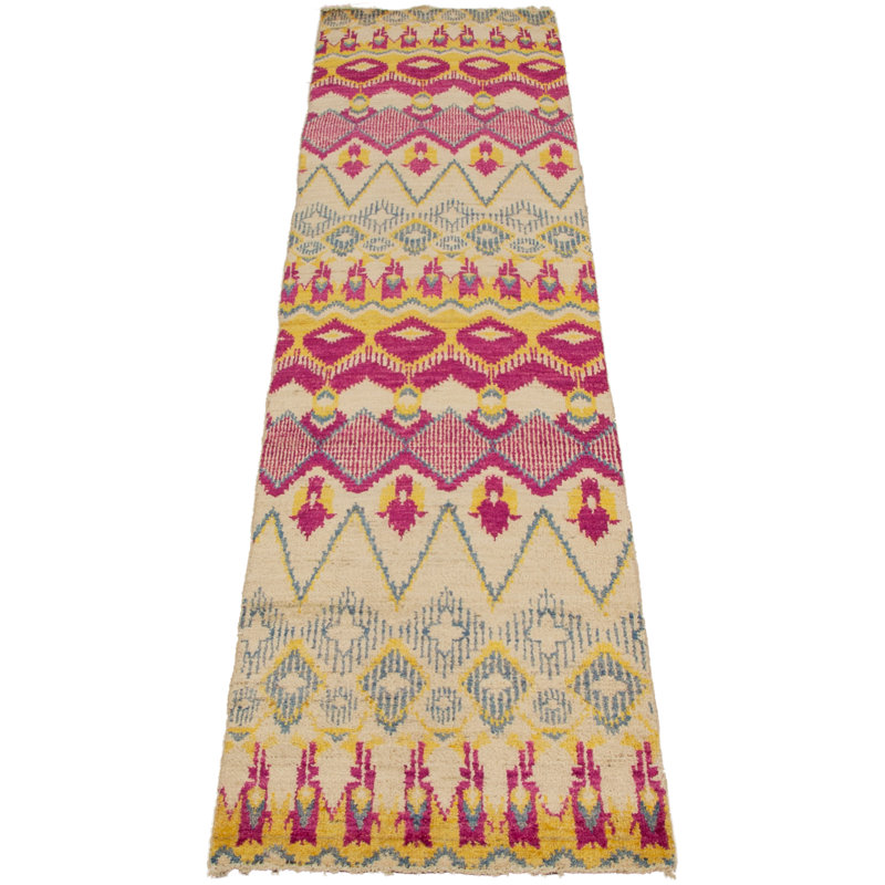 Tapis de couloir en laine noué à la main de conception unique noué à la main New Age 2 pi 6 po x 12 pi 2 po Tapis décoratif en jaune