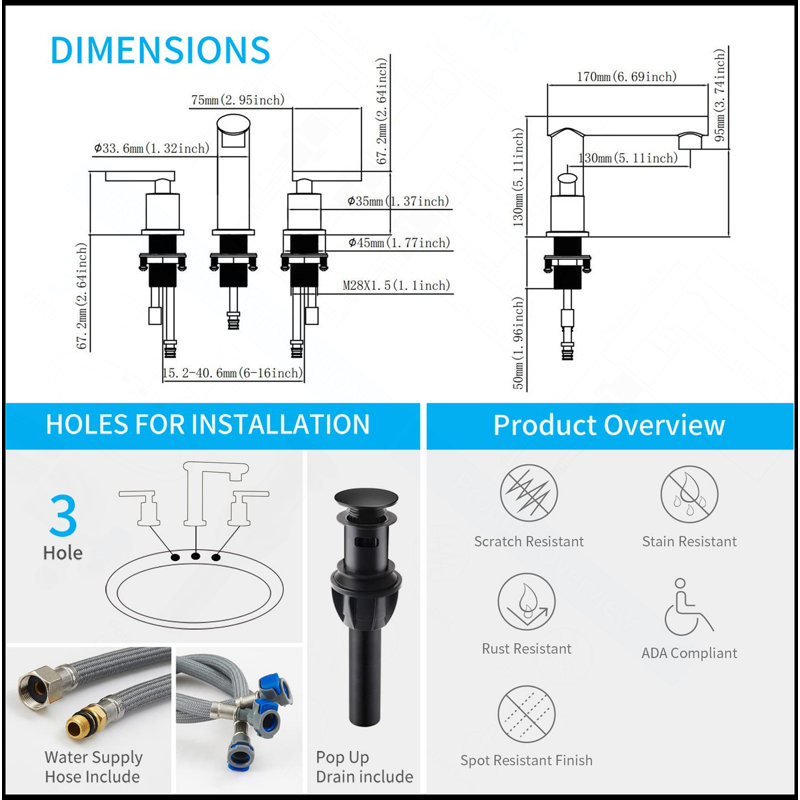 Matte Black Widespread Bathroom Faucet, Waterfall Bathroom Faucets For Sink 3 Hole, 2-Handles Modern Vanity Faucet With Pop Up Drain Assembly And Lead-Free Supply Hose,8-Inch