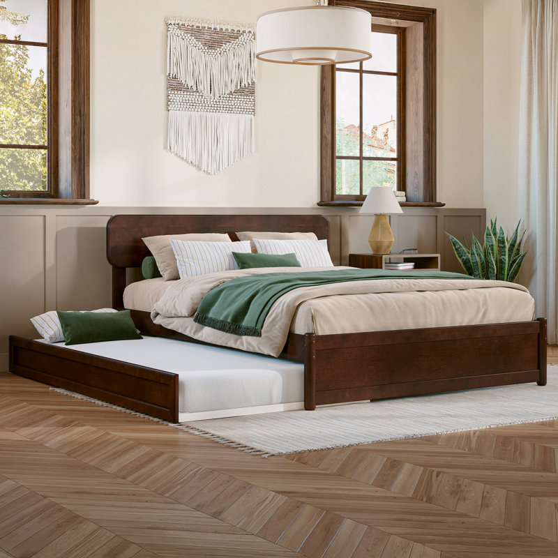 Lit plateforme en bois massif avec lit gigogne assorti Ause, Noyer, Double