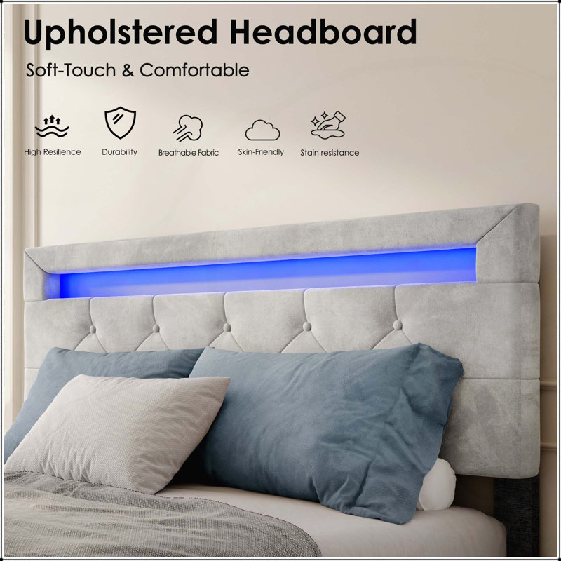 Lit plateforme avec rangement luxueux avec lumière DEL et tiroirs pour un confort optimal, Queen