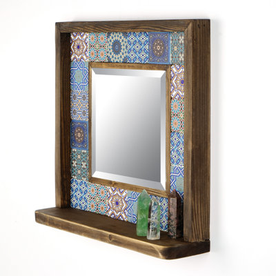 Miroir rustique abstrait avec cadre 100% bois de pin, 12,6 x 12,6 x 0,1 pouces | Travertin naturel et accents calcaires | Peinture protectrice pour bois à base d'eau | Comprend un miroir en verre et 5 crochets de suspension | Parfait pour le décor du Sud-Ouest