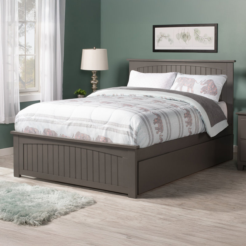  Lit plateforme en bois massif Nantucket avec pied et gigogne assortis, Lit double, Gris