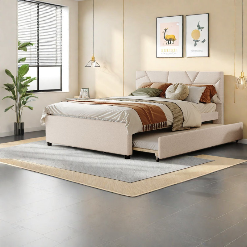 Space-saving Queen Upholstered Platform Bed, Linen Beige, Modern Style