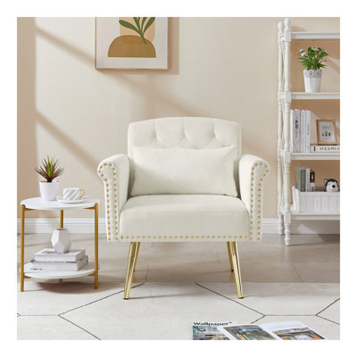 Fauteuil en velours blanc cassé avec pieds en métal