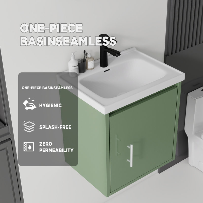 20, flottant, meuble-lavabo de salle de bain avec lavabo, avec porte à fermeture en douceur, lavabo en céramique, contreplaqué