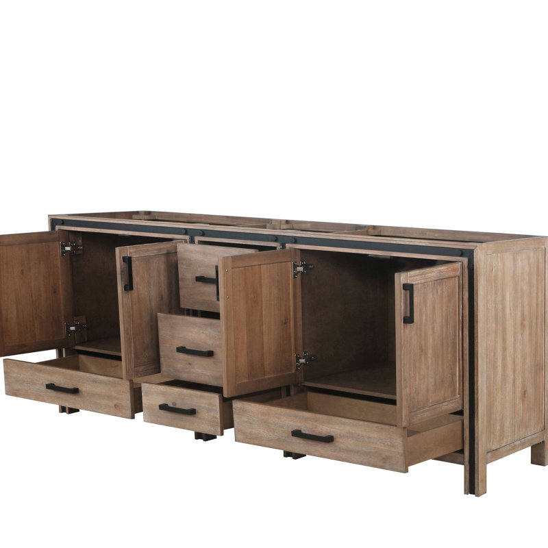 84 po Large meuble-lavabo double rustique - 22 profonds, fermeture en douceur, deux armoires et cinq tiroirs pour l'espace de rangement, bois massif avec contreplaqué E0, rangement intérieur entièrement assemblé, panneaux de contreplaqué,