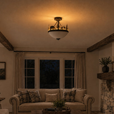 Acadia 2-Light Rustic Wildlife Semi-Flush Mount Ceiling Light, Bronze Finish with Deer, Bear and Forest Motif, Built-In LED Night Light, Converts to Pendant, 13.25-in. Wide