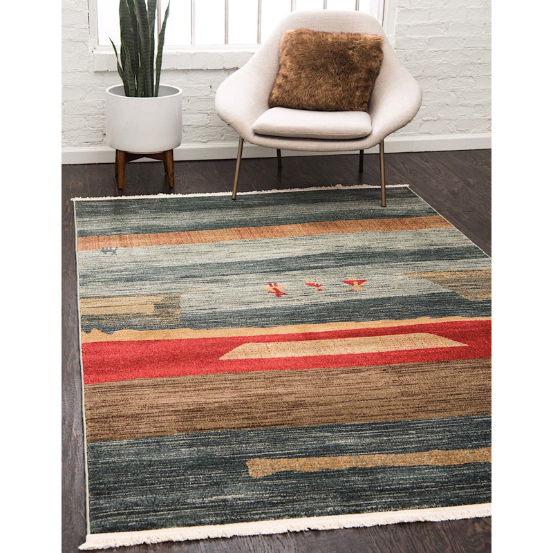 Tapis à motif géométrique bleu / rouge / beige, Rectangle 10 pi 6 po x 16 pi 5 po